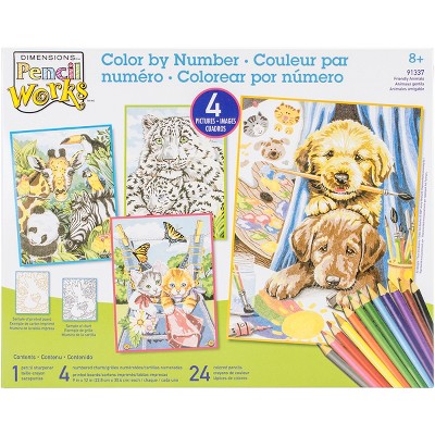 Pencil Works Color By Number Kit 9"X12" 4/Pkg-Friendly Animals