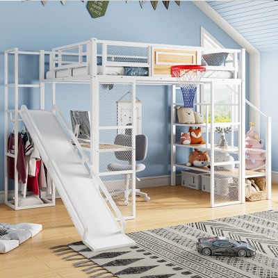 Whisen Full Size Metal Loft bed with Built-in Desk, Open Wardrobe, Basketball hoop, Slide and Staircase