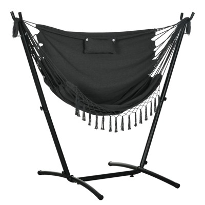 DSVIMOY Patio Hammock Chair with Stand, Outdoor Hammock Swing Hanging Lounge Chair with Side Pocket and Headrest, Dark Gray, 66.9"*43.3"*59.1"