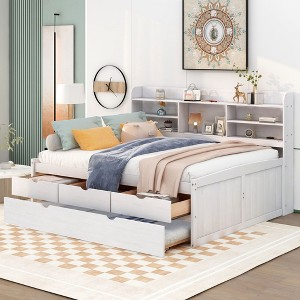 NicBex Full Size Platform Bed Modern Pine Bed Frame with Trundle, Open Storage Bookshelves and 3 Drawers for Bedroom, No Box Spring Required, White - 1 of 4