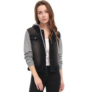 INSPIRE CHIC Women's Regular Fit Layered Drawstring Hood Denim Jacket with Pockets - 1 of 4