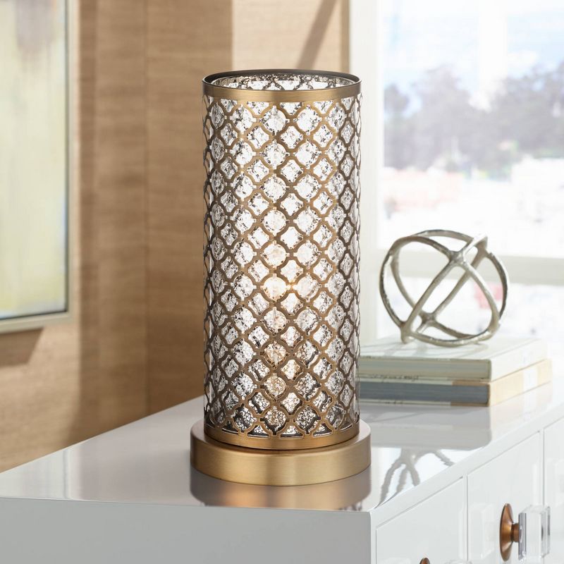 360 Lighting Modern Accent Table Lamp 12" High Brass Metal Lattice Outer Mercury Glass Inner Shade for Bedroom Bedside Nightstand, 2 of 6