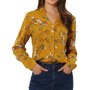 Allegra K Women's Floral Loose V Neck Long Sleeve Button-Up Shirt - 1 of 4