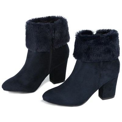 Allegra K Women's Side Zipper Cute Round Toe Faux Fur Chunky Heel Ankle Boots