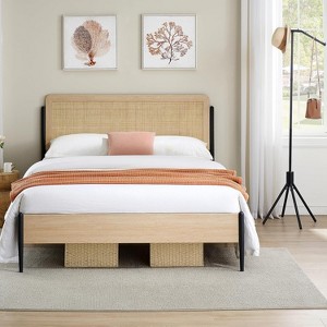 Full/Queen Size Boho Bed Frame with Rattan Headboard & Wood Footboard, Under Bed Storage, No Box Spring Needed, Noise-Free Design - 1 of 4