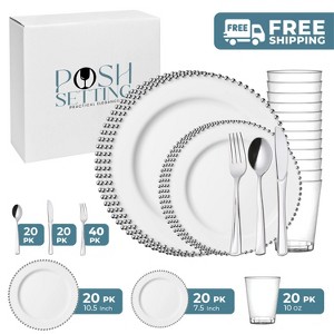 Posh Setting 140 Piece White And Silver Plastic Party Bundle - Beaded (20 Settings) - 1 of 4