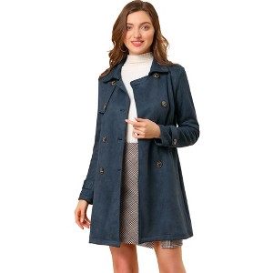 Allegra K Women's Notched Lapel Double Breasted Faux Suede Trench Coat with Belt - 1 of 4