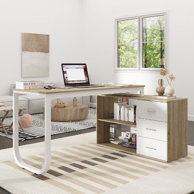 Famapy L-Shaped Computer Desk With Storage Drawers and Adjustable Shelves