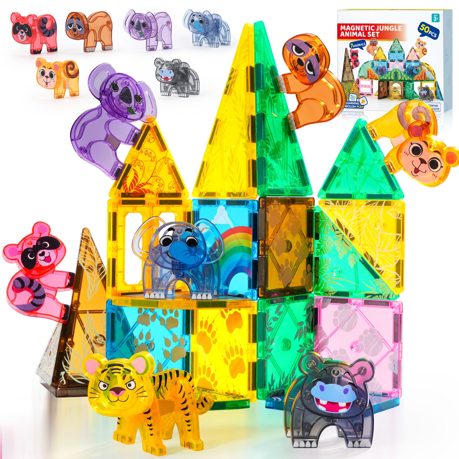 Joyfy 50PCS Magnetic Tiles Set with Jungle Animal for Toddlers Kids Age 3-8 Construction STEM Toy Xmas Birthday Party Gift for Little Boys & Girls