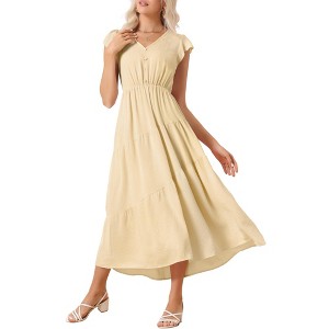 Allegra K Women's Summer Boho V Neck Short Sleeve Ruffle Elastic Waist Tiered Beach Maxi Sundresses - 1 of 4