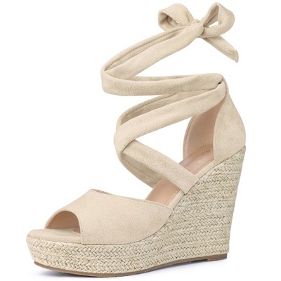 Perphy Women's Solid Color Lace Up Strappy Peep Toe Espadrilles Wedge Heels Sandals