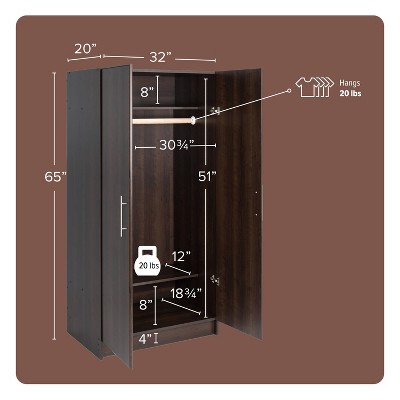 Elite 32" Espresso Wardrobe Cabinet with Hanging Rod and Shelves
