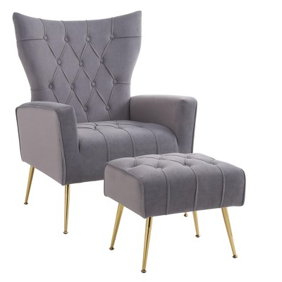 NicBex Velvet Accent Chair and Ottoman Set Upholstered Armchair with Metal Legs and High Back for Living Room,Bedrom