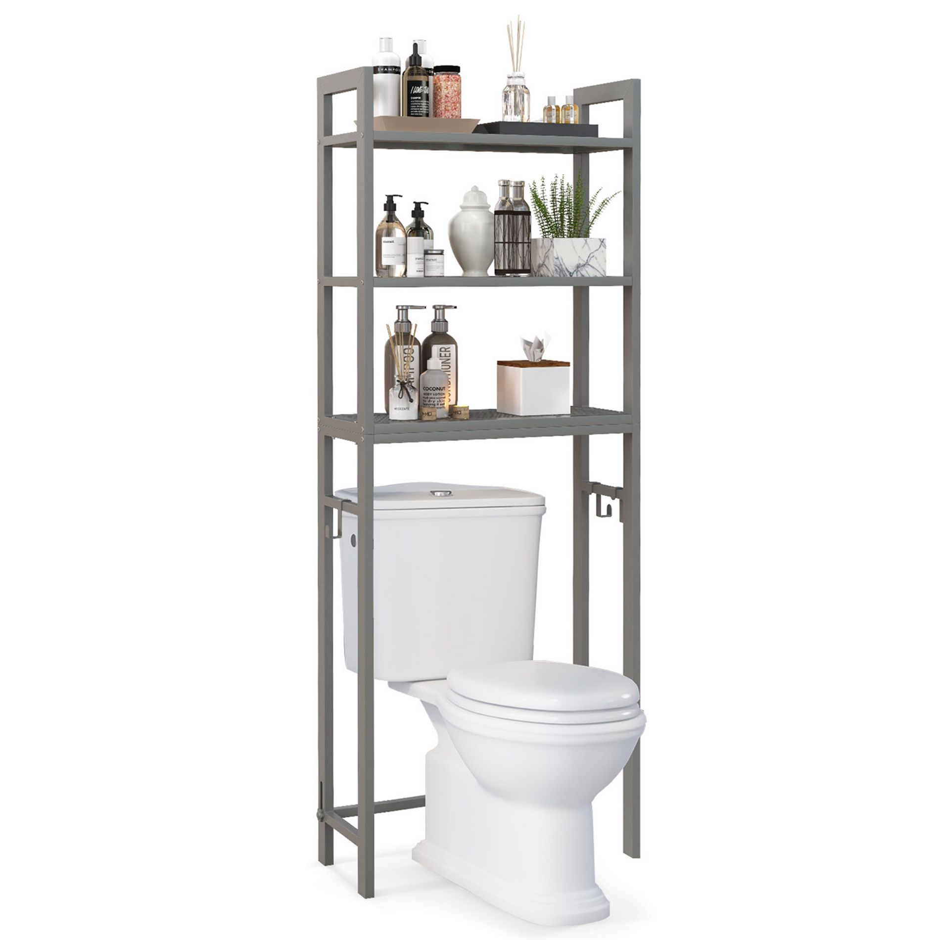 Costway Over-The-Toilet Storage Shelf Space Saving Metal Bathroom Organizer Hooks Grey
