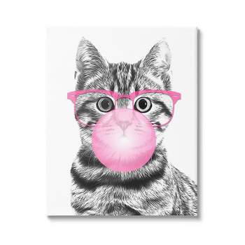 Stupell Industries Adorable Cat Bubble Gum Pink Glasses Monochrome Illustration Canvas Wall Art