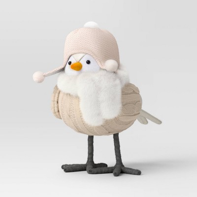 Image of Featherly Friends™ 'Gezellig' Fabric Christmas Bird Figurine in Pink Hat and White Faux Fur Scarf - Wondershop™