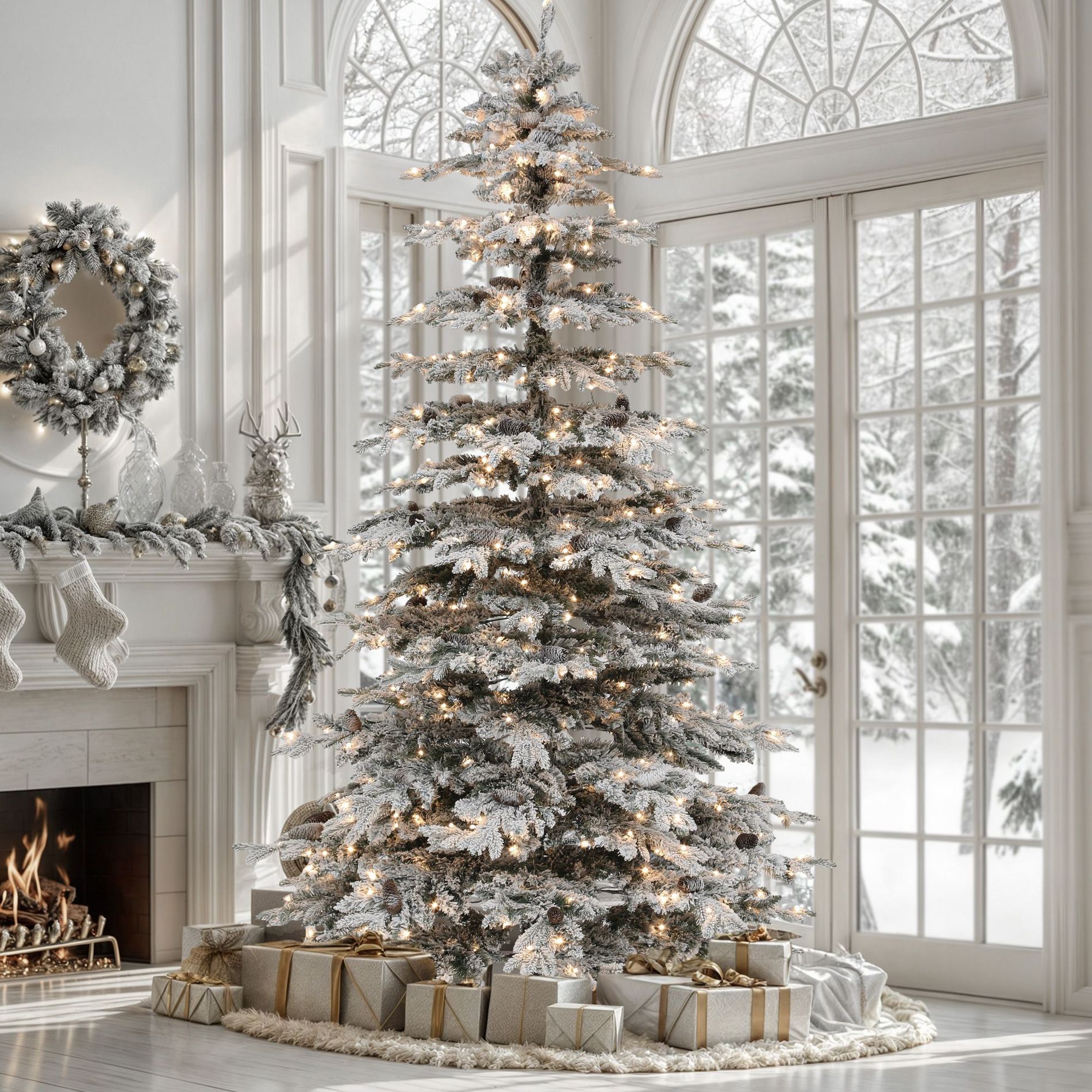 7.5ft Pre-Lit Flocked Mountain Pine Christmas Tree with 550 Lights and 55 Pine Cones 1278 Branch Tips Party Decor