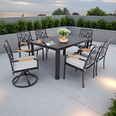 7-Piece Outdoor Patio Aluminum Dining Set with 59" Rectangular Table, 2 Swivel Rocker & 4 Armchairs, and Umbrella Hole