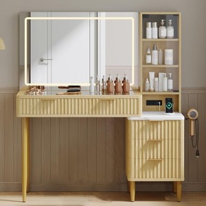 Acekool Vanity Desk with Mirror and Lights, Makeup Desk with 3-Color LED, 5 Drawers, 3 Storage Shelves, Power Outlet, for Bedroom, Oak - 1 of 4