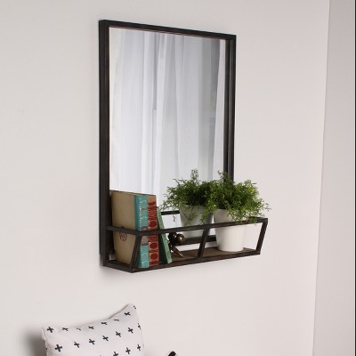 Jackson 22x29 Black Metal Mirror with Wood Shelf