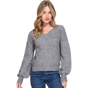 Slickblue Women's Double V-Neck Sweater, Long Sleeve Relaxed Fit, Black/Grey/Red/Yellow Knit, Size S-L - 1 of 4
