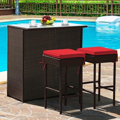 Costway 3PCS Patio Rattan Wicker Bar Table Stools Dining Set Cushioned Chairs Garden Red