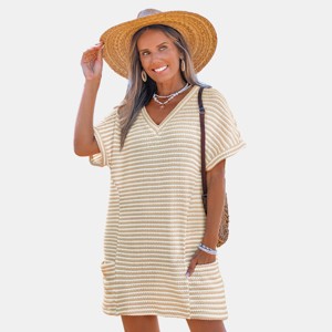 casual beige dress women Beige Long Sleeve Maxi Dress w/ High Slit
