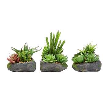 Artificial Succulent Plants - 3-Piece Arrangement Set in Faux Stone Pots and Assorted Sizes - Lifelike Greenery for Home Decoration by Pure Garden