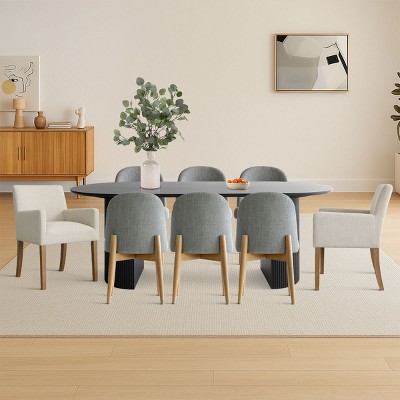 9-Piece Oval Dining Table Set, 79'' Black Pedestal Table with 6 Armless & 2 Armrest Upholstered Chairs, Modern Dining Room Set-Maison Boucle