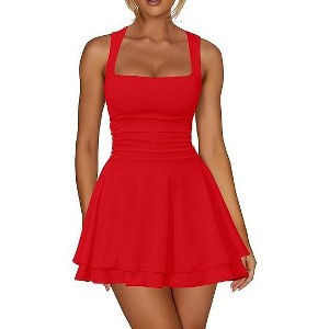 Women's Square Neck Sleeveless Dress – Tiered Hem, Waist Gathers, Above-Knee High Waist Summer Dress - 1 of 4