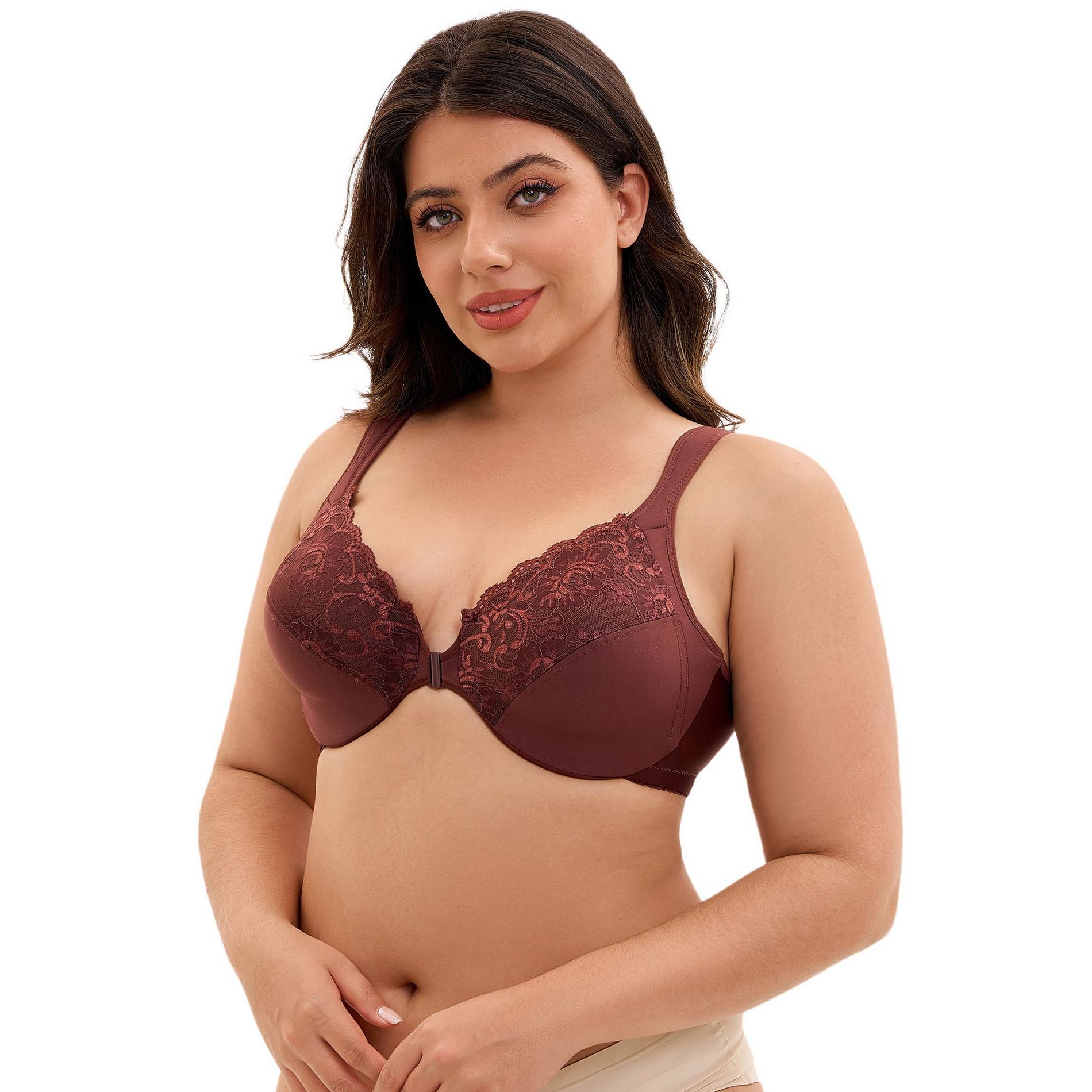 INSPIRE CHIC Women's Front Closure Lace Trim Underwire Adjustable Straps Plunge Bras Brown X-Large
