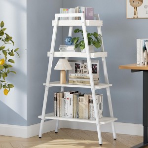 VECELO 4-Tier Metal Ladder Shelf, Multifunctional Ladder Bookshelf Plant Flower Stand Storage Rack Shelves Bookcase, Brown/Black/White - 1 of 4
