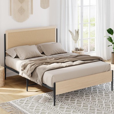 Full Bed Frame with Rattan Headboard, Platform Bed with Strong Metal Slat Support