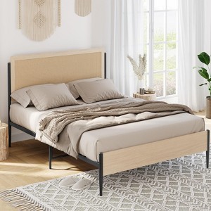 Full Bed Frame with Rattan Headboard, Platform Bed with Strong Metal Slat Support - 1 of 4