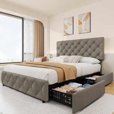 homfan Queen Upholstered Bed Frame - 4 Storage Drawers & Adjustable Headboard, Diamond Tufted Linen Platform, No Box Spring