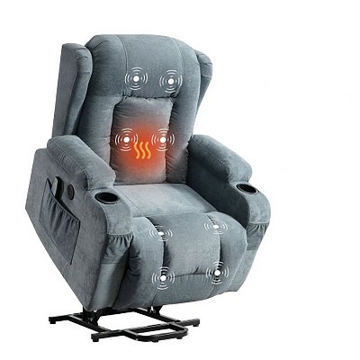 AndMakers 35.43 in. W Blue Fabric Massage Recliner with Remote Control, Tufted and Storage