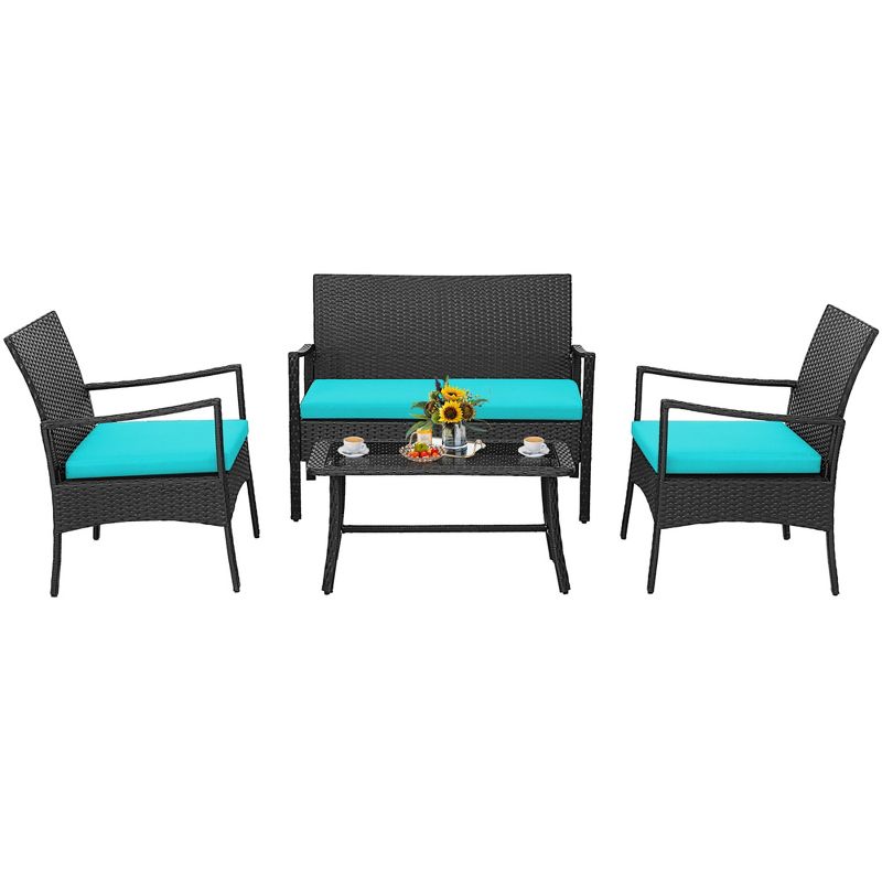 Costway 4PCS Patio Wicker Furniture Set Cushioned Chairs& Loveseat with Coffee Table Garden, 2 of 8