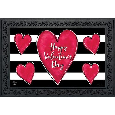 Valentine's Heart Striped Black and White Rubber Doormat 30" x 18"