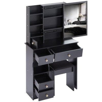 NicBex Makeup Vanity Desk with Left Drawers & Cushioned Stool,Wood Makeup Table with Sliding Mirror for Bedroom