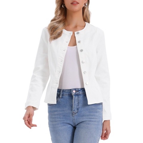 INSPIRE CHIC Women's Denim Peplum Hem Button Down Collarless Long Sleeve Jean Jackets Large White