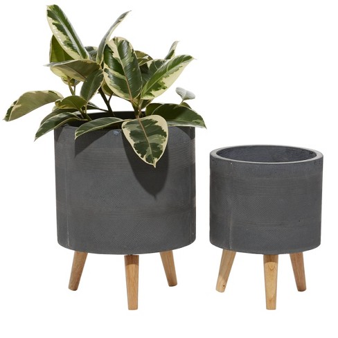 Fiber Clay Planters - 2-piece Barrel-shaped Pot Set With Metal