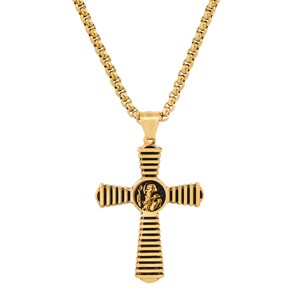 Steeltime 24" Men's two tone stainless steel St. Benedict cross pendant. Color Options: Silver, Gold - 1 of 4