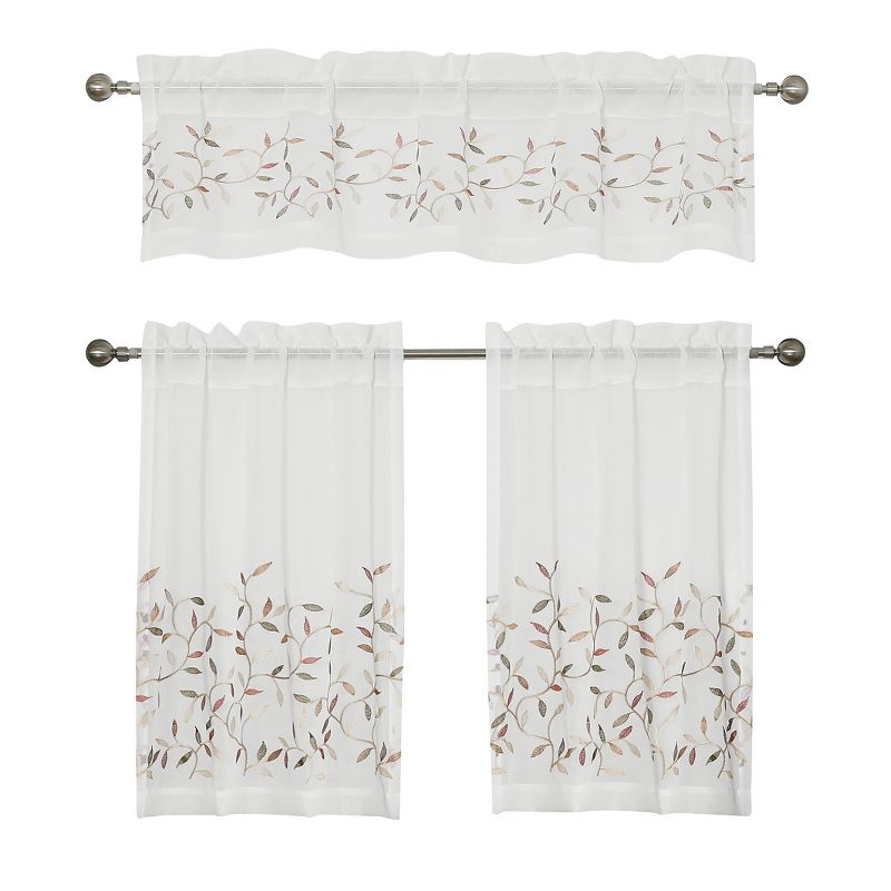 Kate Aurora Shabby Sheer Embroidered Complete 3 Piece Floral Rod Pocket Cafe Kitchen Curtain Tier & Valance Set, 2 of 7