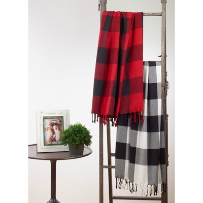 Buffalo Plaid Tassel-Trimmed Cotton Throw Blanket - Black and White