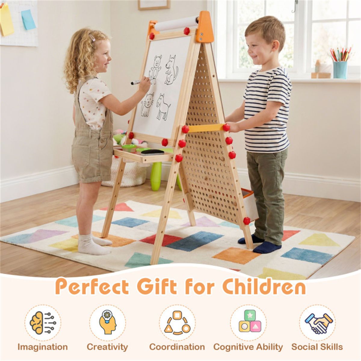 4-in-1 Kids Art Easel with Marble Run, Adjustable Height Double-Sided Drawing Easel with Paper Roll and Storage Tray for Kids 3+ - thumbnail 2