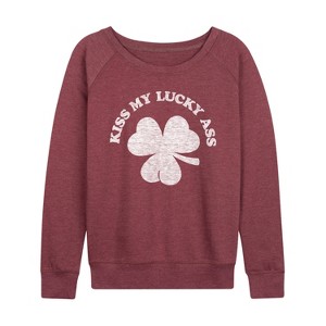 Women's - Instant Message - Kiss My Lucky Lightweight French Terry Wide Neck Long Sleeve Graphic Shirt - 1 of 4