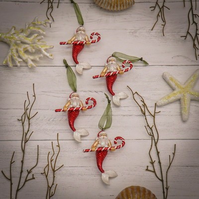 Hand-Painted Glass Santa Merman Ornaments Set of 4