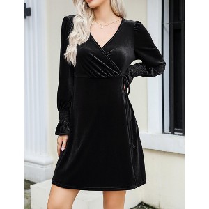 Women's Velvet Long Sleeve Dress with Ruffle Sleeve Drawstring Waist Stretch Slip Dress - 1 of 4