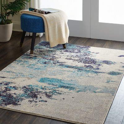 Oceanic Bliss Abstract Blue and White Synthetic 4' x 6' Rug