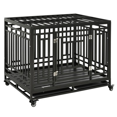 PawHut Heavy Duty Dog Cage Metal Kennel and Crate Dog Playpen with Lockable Wheels, Slide-out Tray and Anti-Pinching Floor